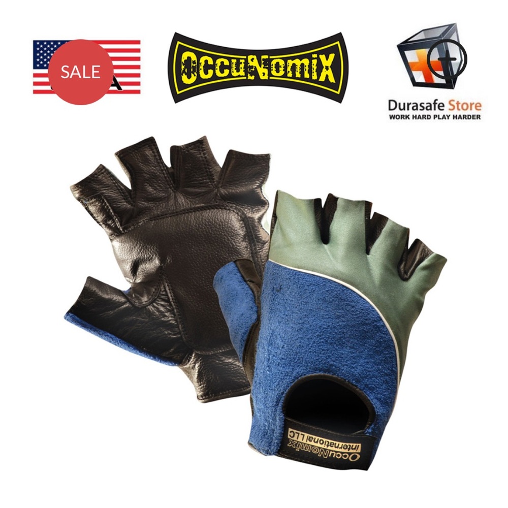 OccuNomix 422 Blue & Black Genuine Leather & Terry Cloth Half Finger Gloves
